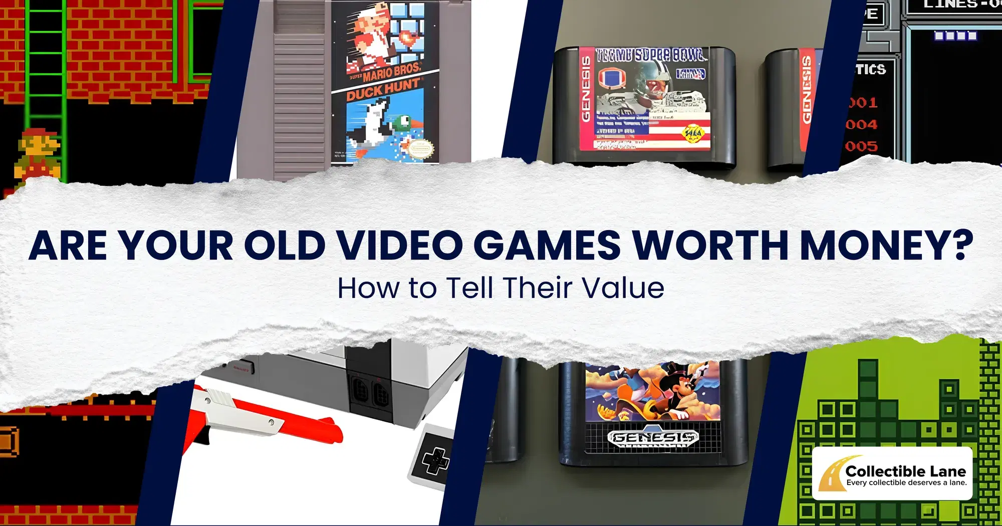 Retro NES and Sega Genesis cartridges with the title Are Your Old Video Games Worth Money?